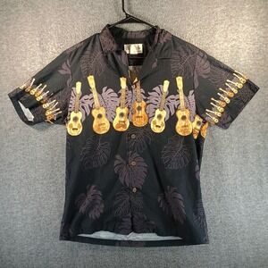 Vintage Bishop St Apparel Hawaiian Shirt Mens S Aloha Ukulele Black Made in USA